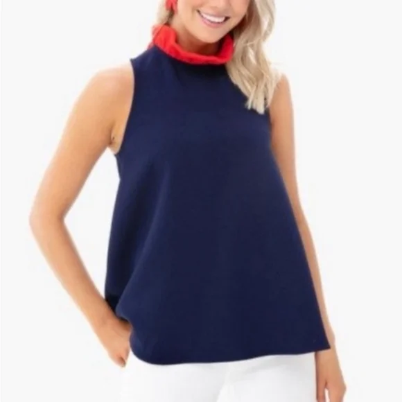 Tuckernuck Pomander Place Mason Navy Blue Red Ruffle Tie Blouse Size Medium - Picture 2 of 12
